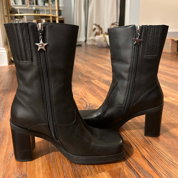 Vintage Tommy Hilfiger Heeled Leather Books Square Toe Black Size 6 - Picture 5 of 9